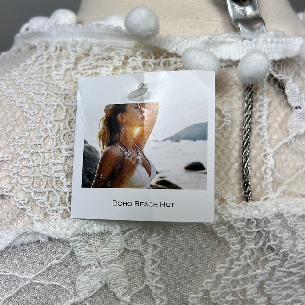 Nwt Boho Beach Hut Coverup White Lace Pom Small — image 4 of 7